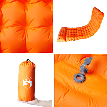 Detail van het oranje vidaXL zelfopblazend kampeermatras met opbergzak en ventiel.