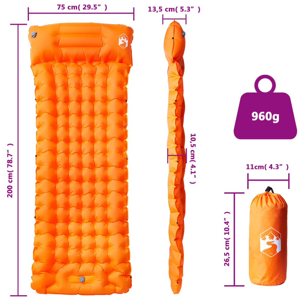 Detailweergave van het vidaXL zelfopblazend kampeermatras in oranje met afmetingen en gewicht.