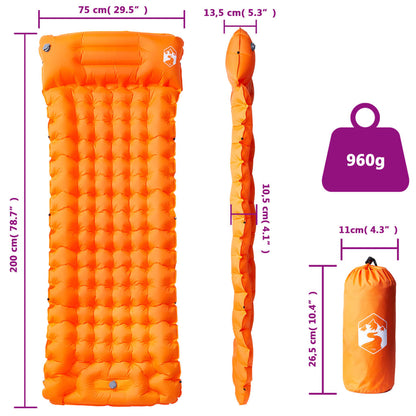 Detailweergave van het vidaXL zelfopblazend kampeermatras in oranje met afmetingen en gewicht.
