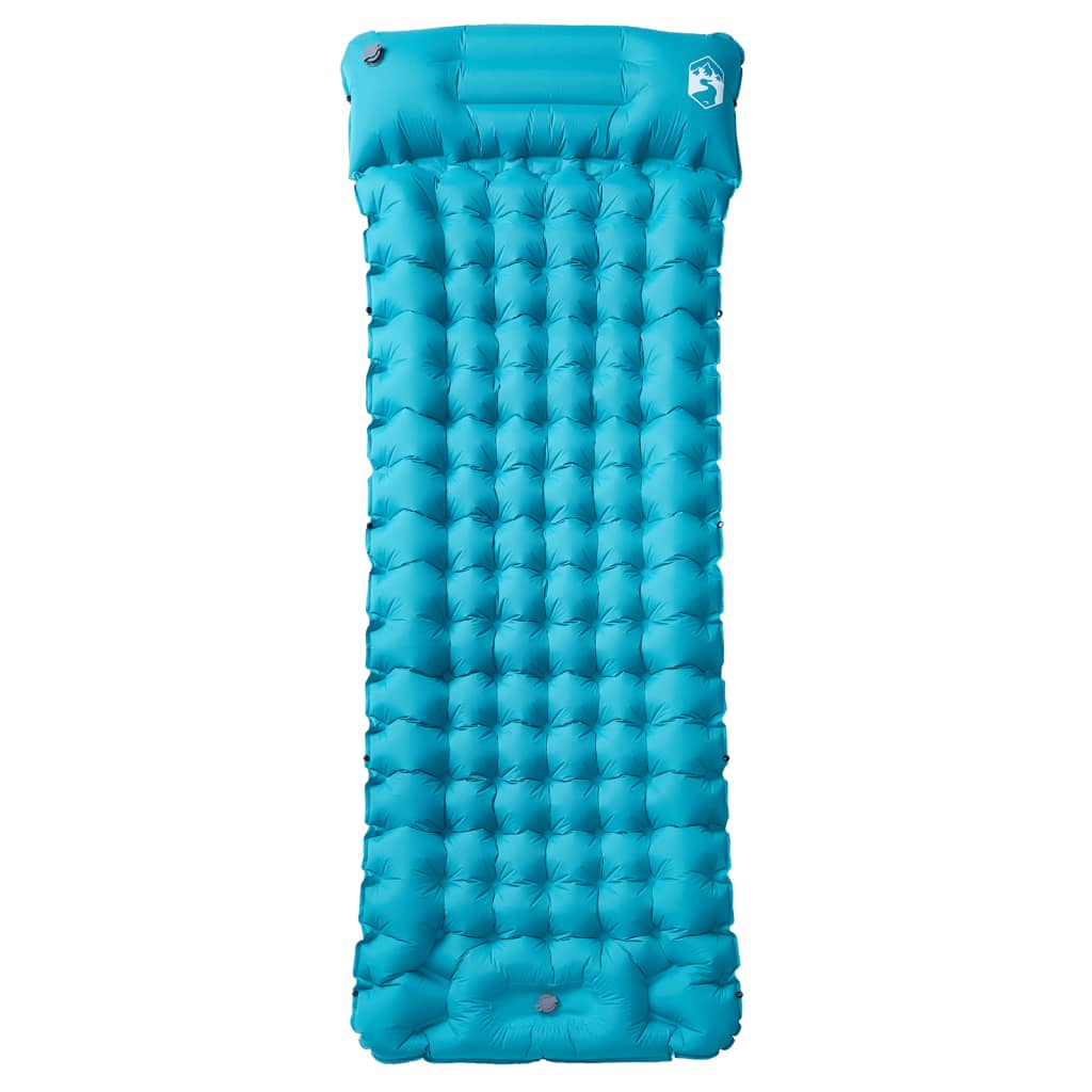 Detail van het vidaXL zelfopblazende kampeermatras in blauw, met geïntegreerd kussen.