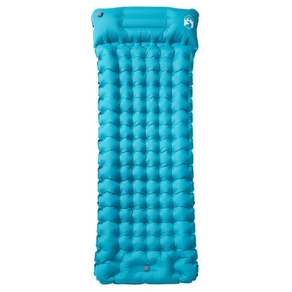 Detail van de vidaXL zelfopblazende kampeermatras in blauw, met een kussen en een luchtige structuur.