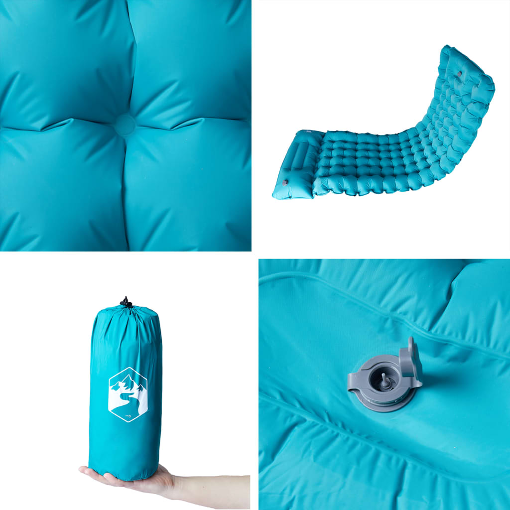 Detail van het zelfopblazende vidaXL kampeermatras in blauw met opbergzak en ventiel.