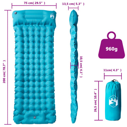 Detail van het zelfopblazende vidaXL kampeermatras in blauw met afmetingen en gewicht.