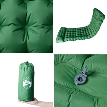 Detail van het groene vidaXL zelfopblazende kampeermatras met opbergzak en ventiel.