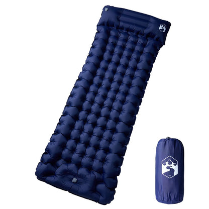 Zelfopblazend vidaXL kampeermatras in marineblauw met kussen, bovenaanzicht.
