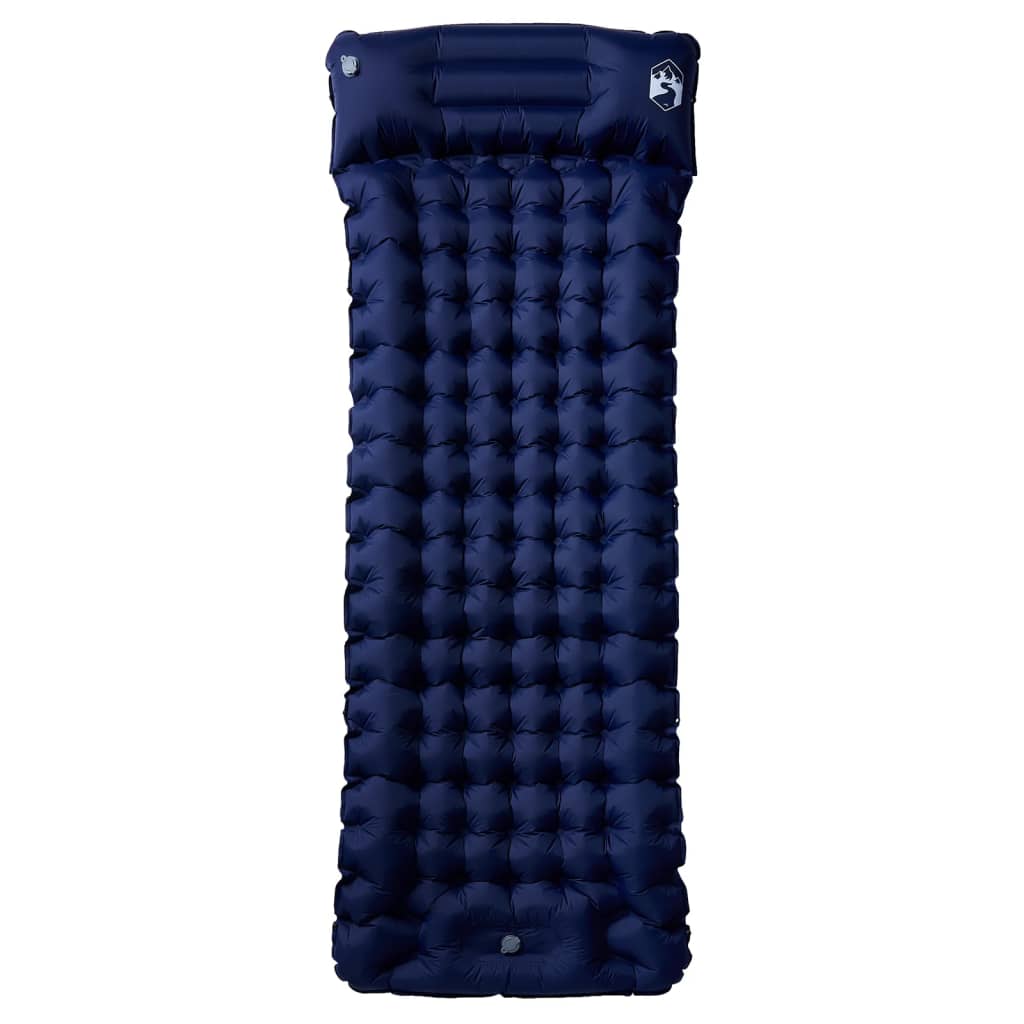 Zijaanzicht van het vidaXL zelfopblazende kampeermatras in marineblauw met kussen.