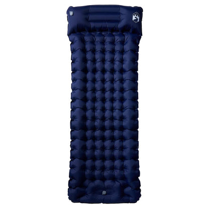 Zijaanzicht van het vidaXL zelfopblazende kampeermatras in marineblauw met kussen.