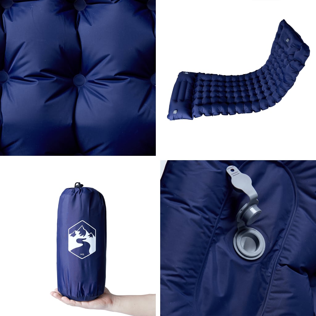 Detail van het marineblauwe vidaXL kampeermatras met kussen en opblaasventiel.