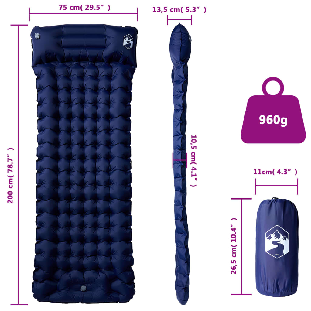 Detail van het vidaXL zelfopblazende kampeermatras in marineblauw, met afmetingen en gewicht.
