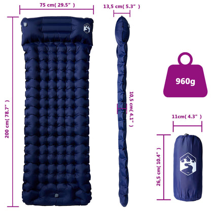 Zijaanzicht van het vidaXL zelfopblazende kampeermatras in marineblauw met afmetingen en gewicht.