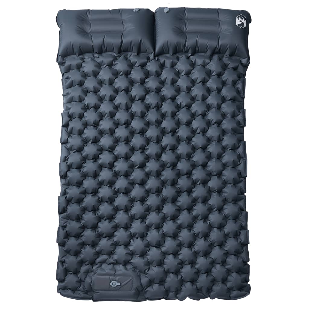 Detail van het grijze vidaXL zelfopblazende kampeermatras met kussens, bovenaanzicht.