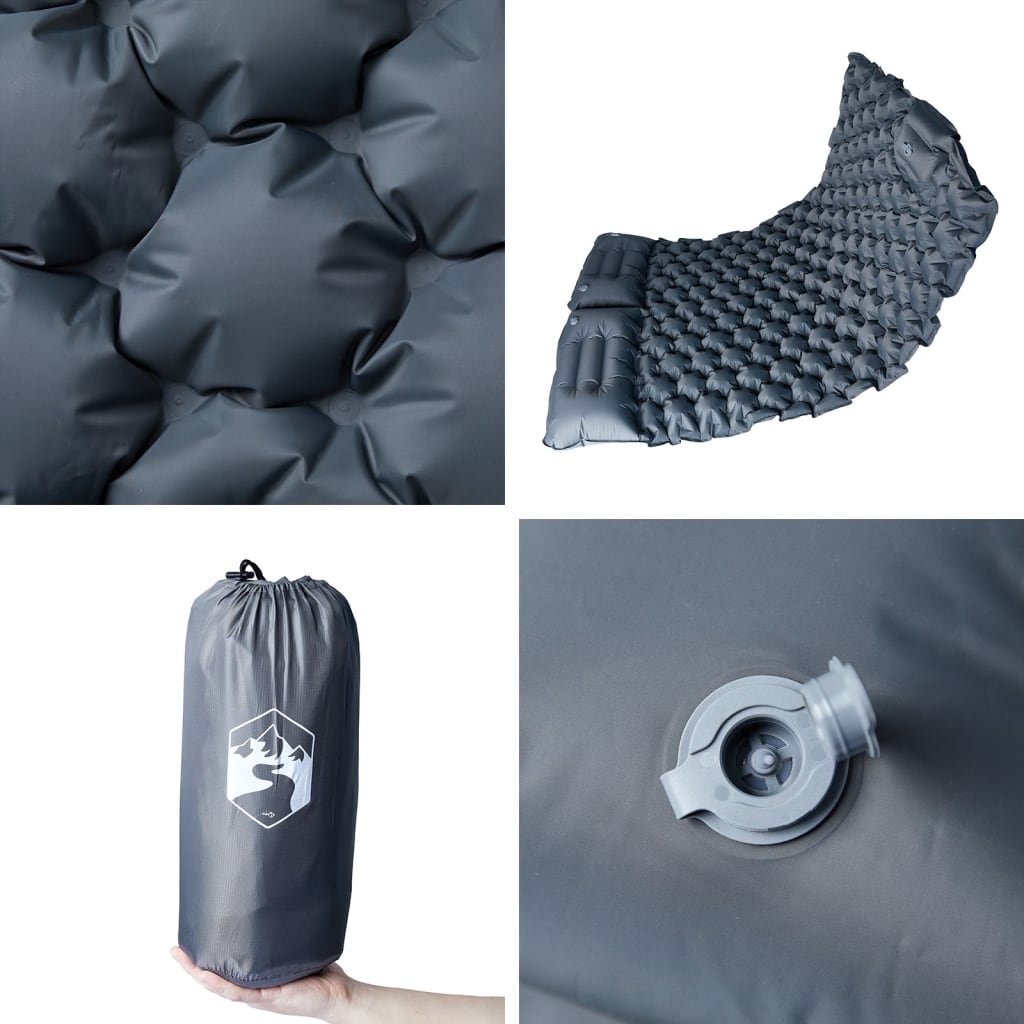 Detail van het grijze vidaXL zelfopblazende kampeermatras met kussen en ventiel.