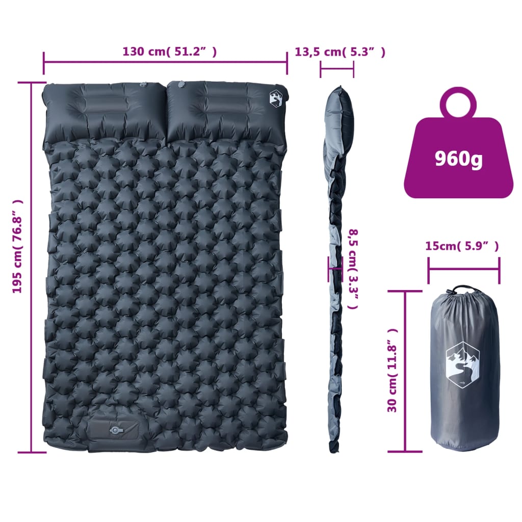 Detail van het vidaXL zelfopblazende kampeermatras met kussens, inclusief afmetingen en gewicht.