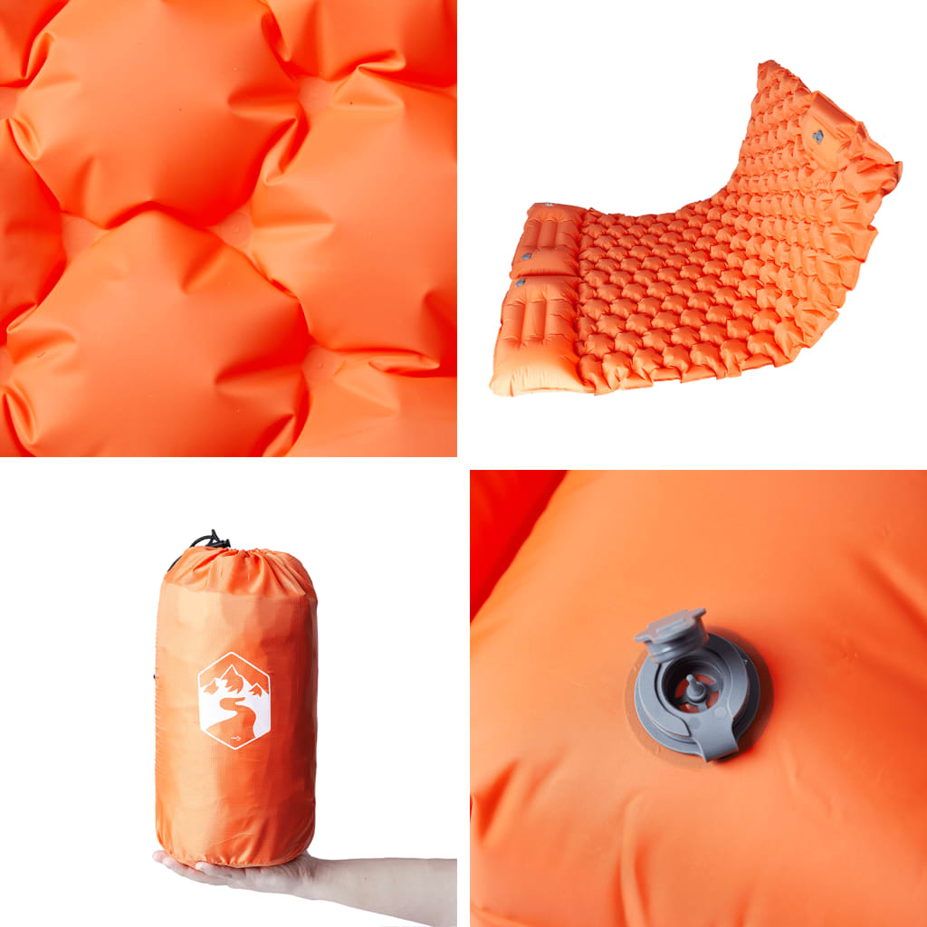 Detail van het zelfopblazende oranje vidaXL kampeermatras met kussens en ventiel.