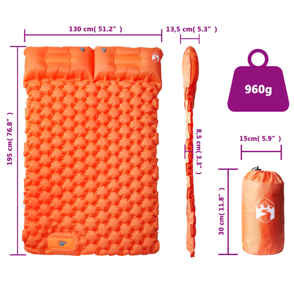 Detail van het vidaXL zelfopblazende 2-persoons kampeermatras in oranje met kussens en opbergtas.