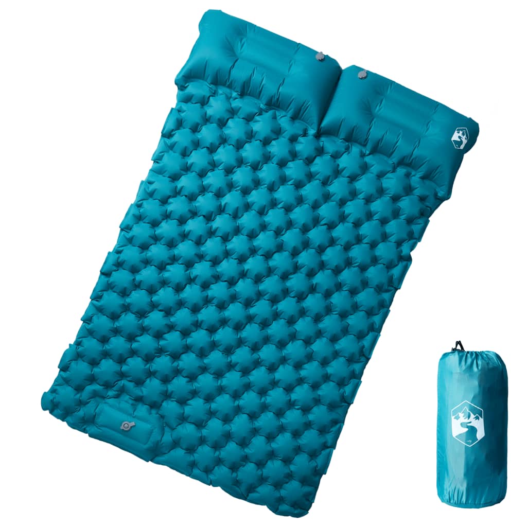 Blauw vidaXL zelfopblazend kampeermatras met kussens, bovenaanzicht.