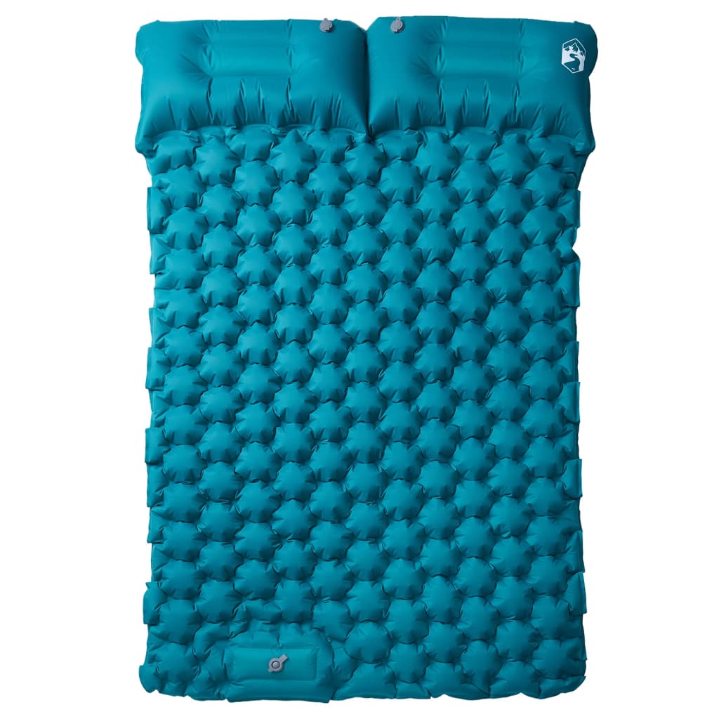 Detail van het zelfopblazende vidaXL kampeermatras in blauw met kussens, bovenaanzicht.