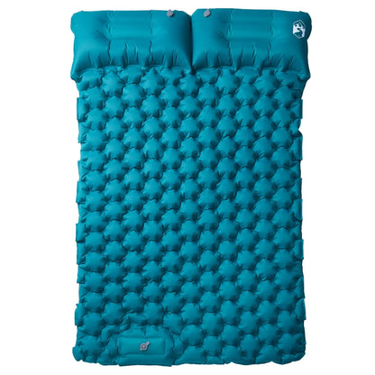 Detail van het zelfopblazende vidaXL kampeermatras in blauw met kussens, bovenaanzicht.