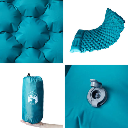 Detail van het zelfopblazende vidaXL kampeermatras in blauw met ventiel en opbergzak.