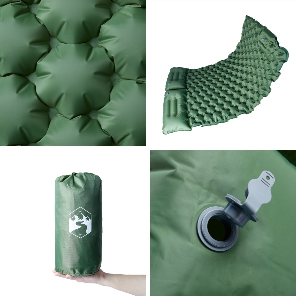 Detail van het groene vidaXL zelfopblazende kampeermatras met kussen en ventiel.