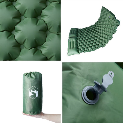 Detail van het zelfopblazende groene vidaXL kampeermatras met kussen en ventiel.