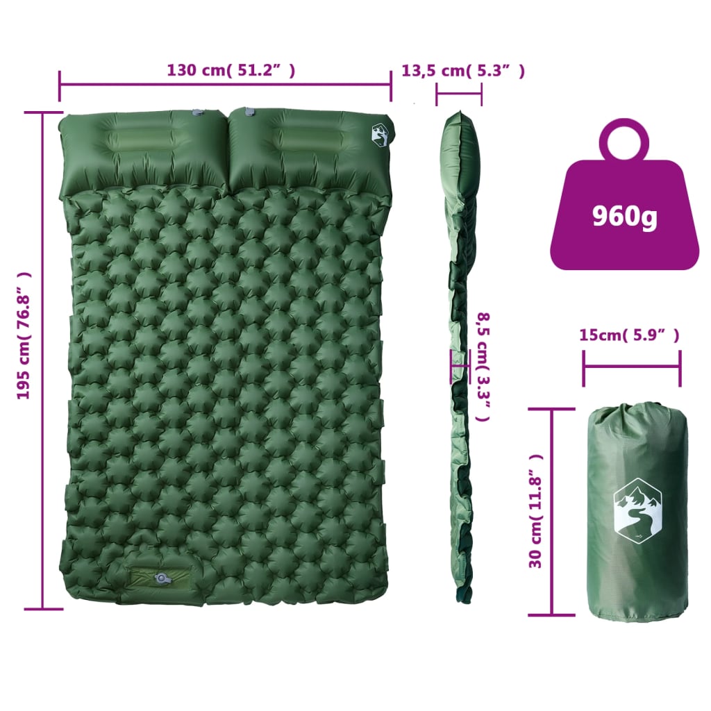 Detail van het vidaXL zelfopblazende kampeermatras met kussens, groen, zijaanzicht en afmetingen.