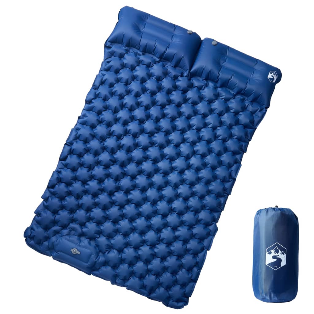 Marineblauw vidaXL zelfopblazend kampeermatras met kussens, tweepersoons ontwerp.