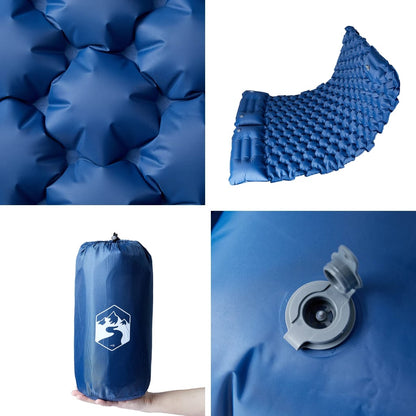 Detail van het zelfopblazende vidaXL kampeermatras in marineblauw met kussens.