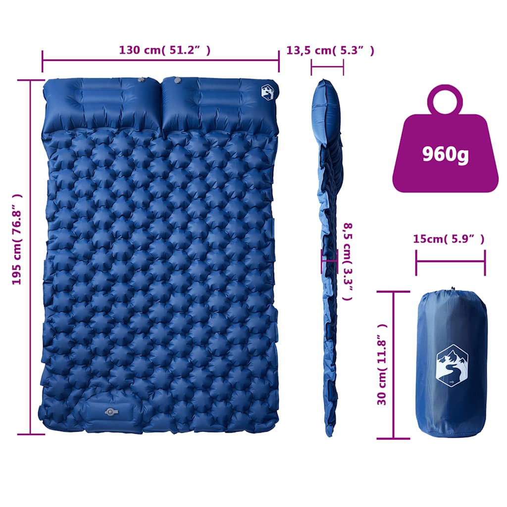 Detail van het vidaXL zelfopblazende kampeermatras in marineblauw met kussens en afmetingen.