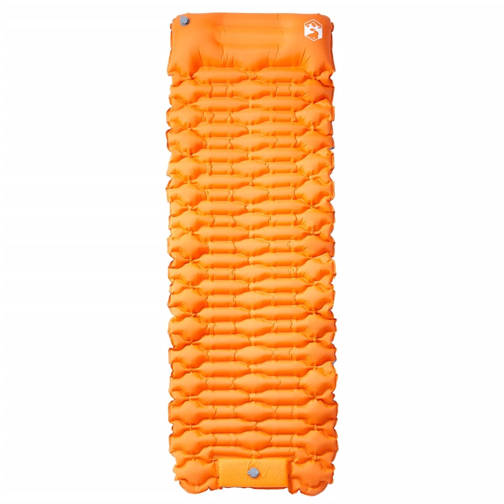 Oranje vidaXL zelfopblazend kampeermatras, zijaanzicht met opblaasstructuur en kussen.