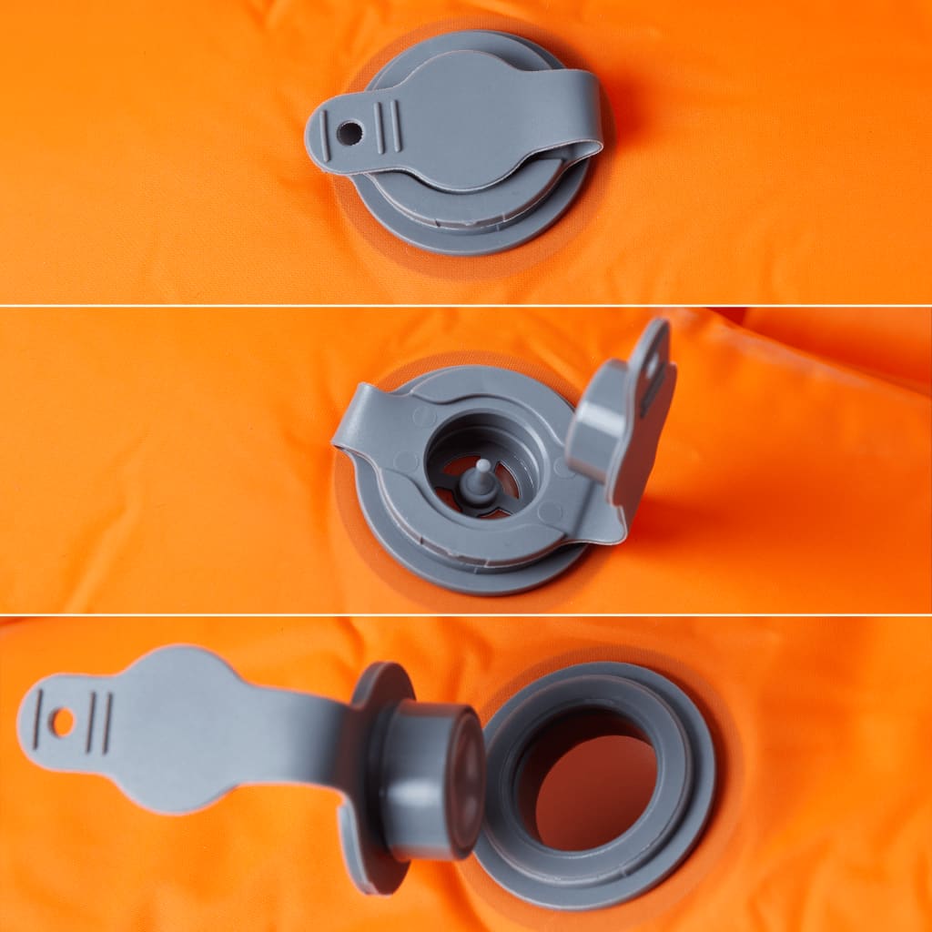 Detail van de zelfopblazende klep van het vidaXL kampeermatras in oranje.