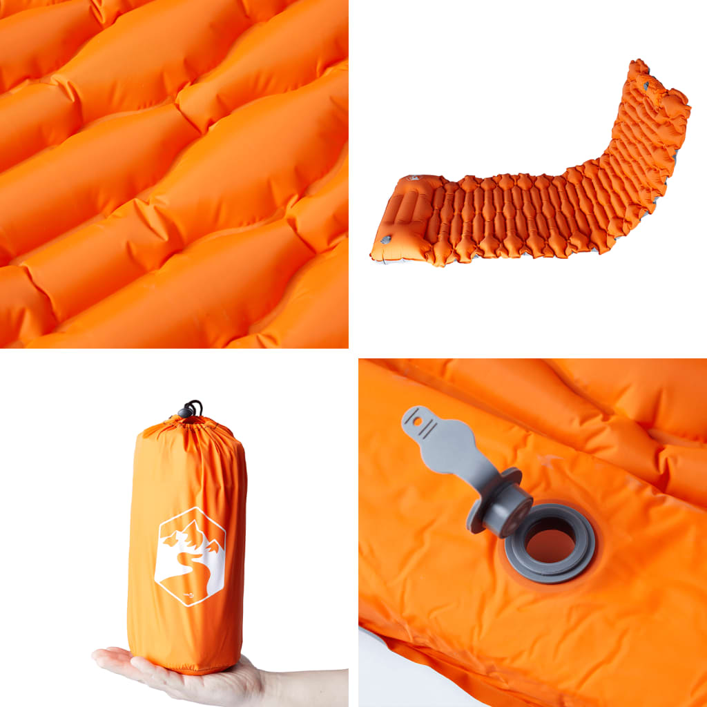 Detail van het oranje vidaXL zelfopblazend kampeermatras met opbergtas en ventiel.