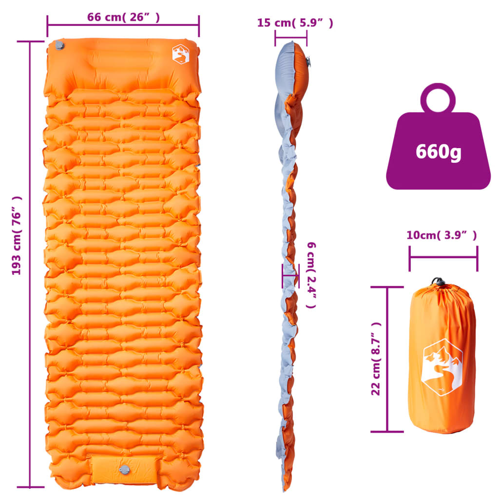 Detail van het vidaXL zelfopblazende kampeermatras in oranje met afmetingen en gewicht.