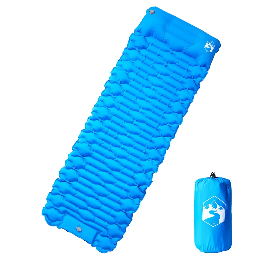 Blauw vidaXL zelfopblazend kampeermatras met geïntegreerd kussen, vooraanzicht.