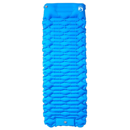 Blauw vidaXL zelfopblazend kampeermatras met een golvend oppervlak en geïntegreerd kussen.