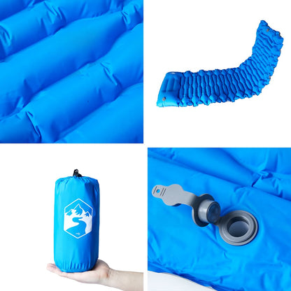 Detail van het vidaXL zelfopblazende kampeermatras in blauw, met kussen en ventiel.