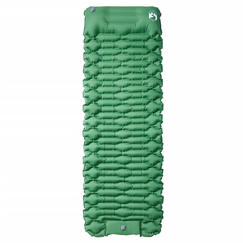 Detail van het groene vidaXL zelfopblazende kampeermatras met kussen, zijaanzicht.