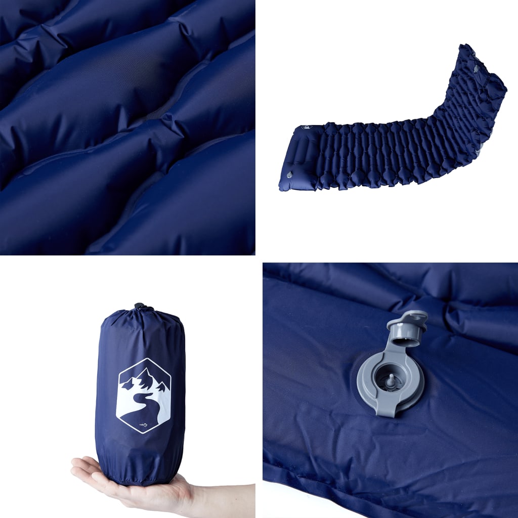 Detail van het zelfopblazende vidaXL kampeermatras in marineblauw met opberghoes.
