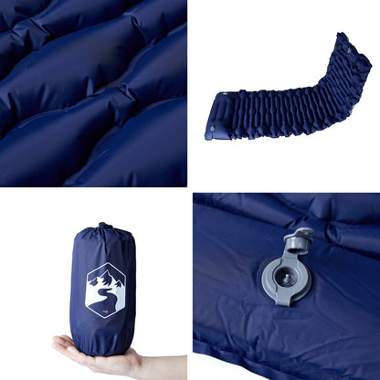 Detail van het zelfopblazende vidaXL kampeermatras in marineblauw met opberghoes.