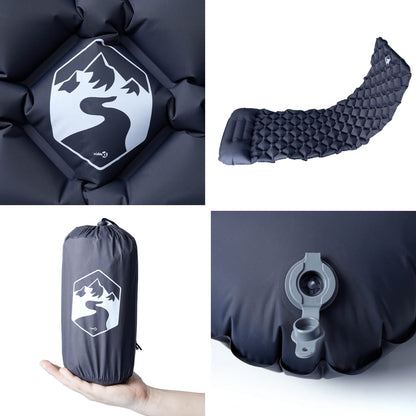 Detail van het opblaasbare vidaXL kampeermatras met geïntegreerd kussen en opbergtas.