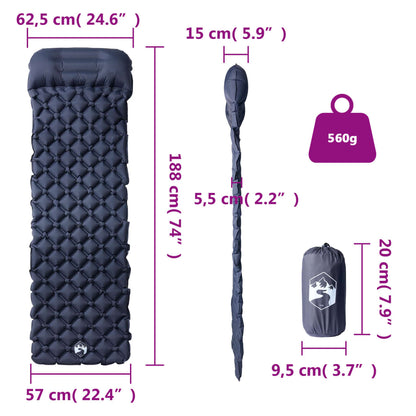 Detail van het vidaXL opblaasbare kampeermatras met kussen, zijaanzicht en afmetingen.