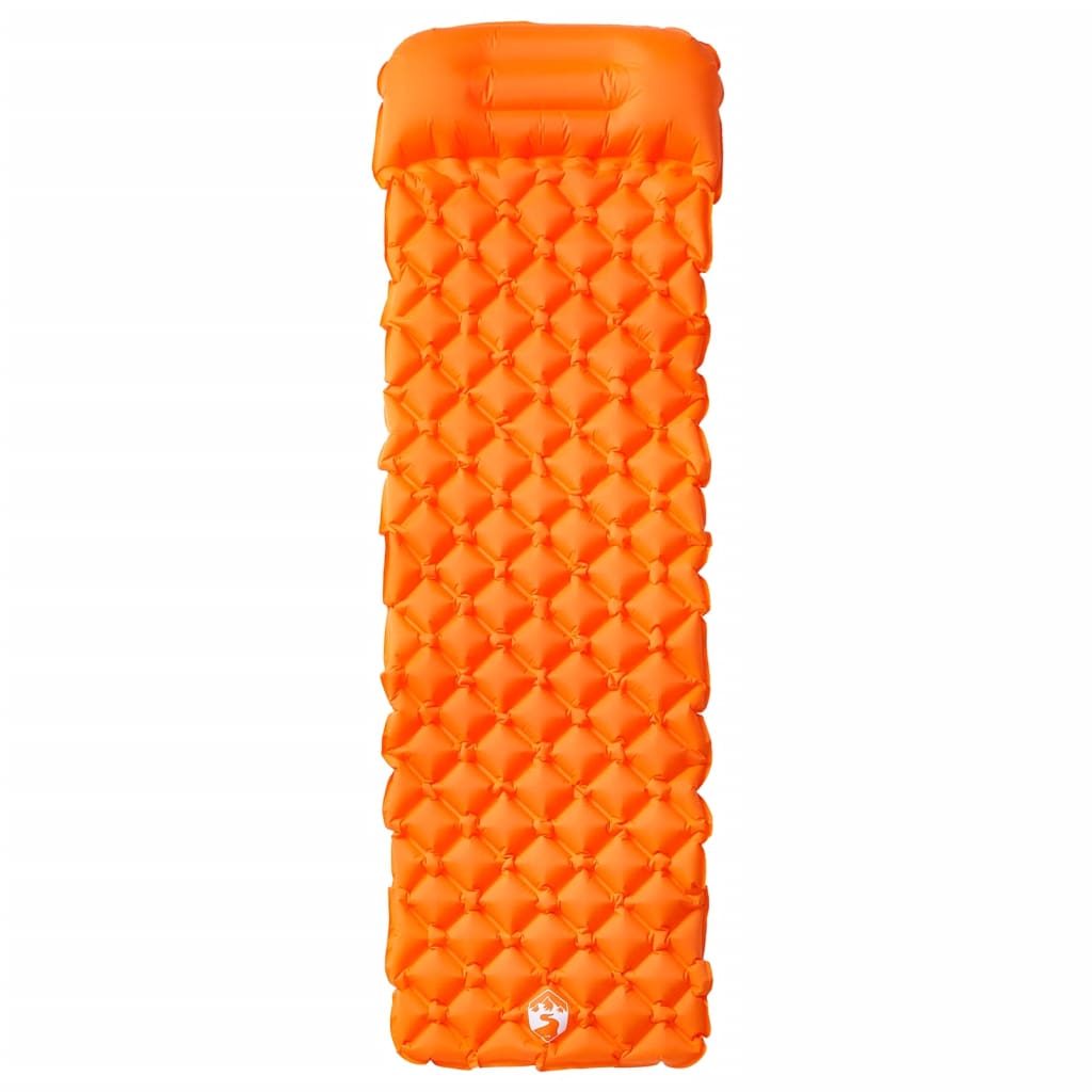 Detail van het vidaXL opblaasbare kampeermatras in levendig oranje met kussen.