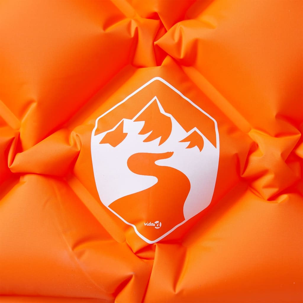 Detail van het oranje vidaXL kampeermatras met logo en bergontwerp.