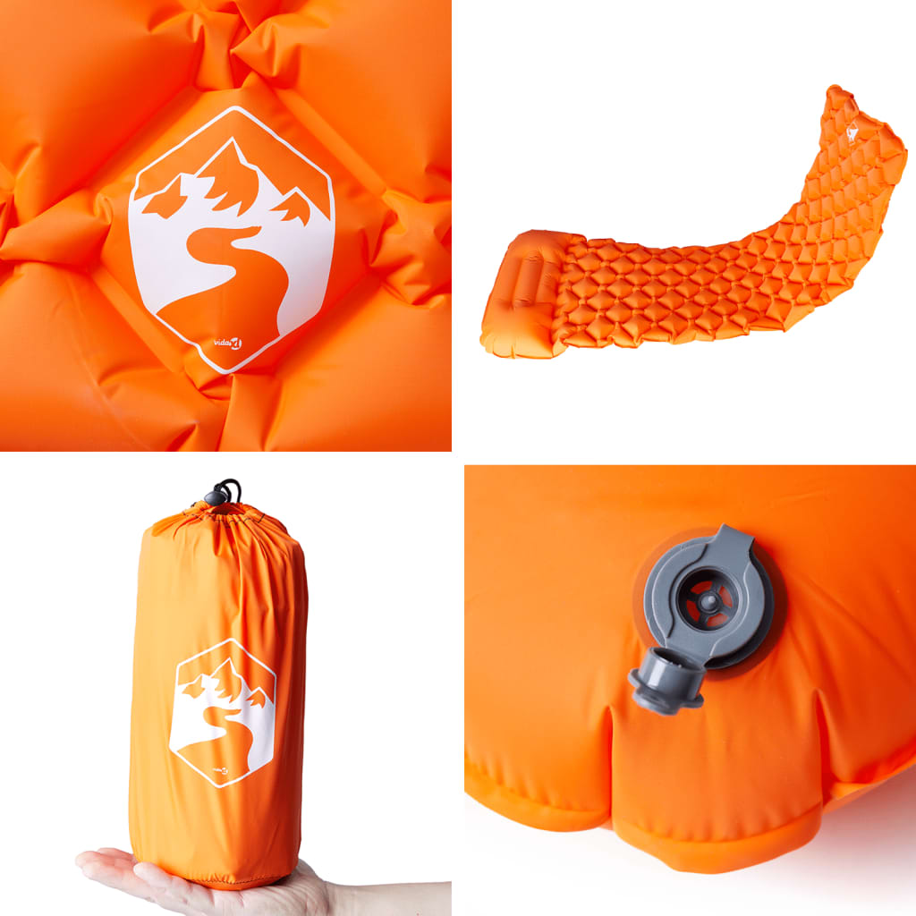 Detail van het oranje vidaXL kampeermatras met kussen en ventiel.