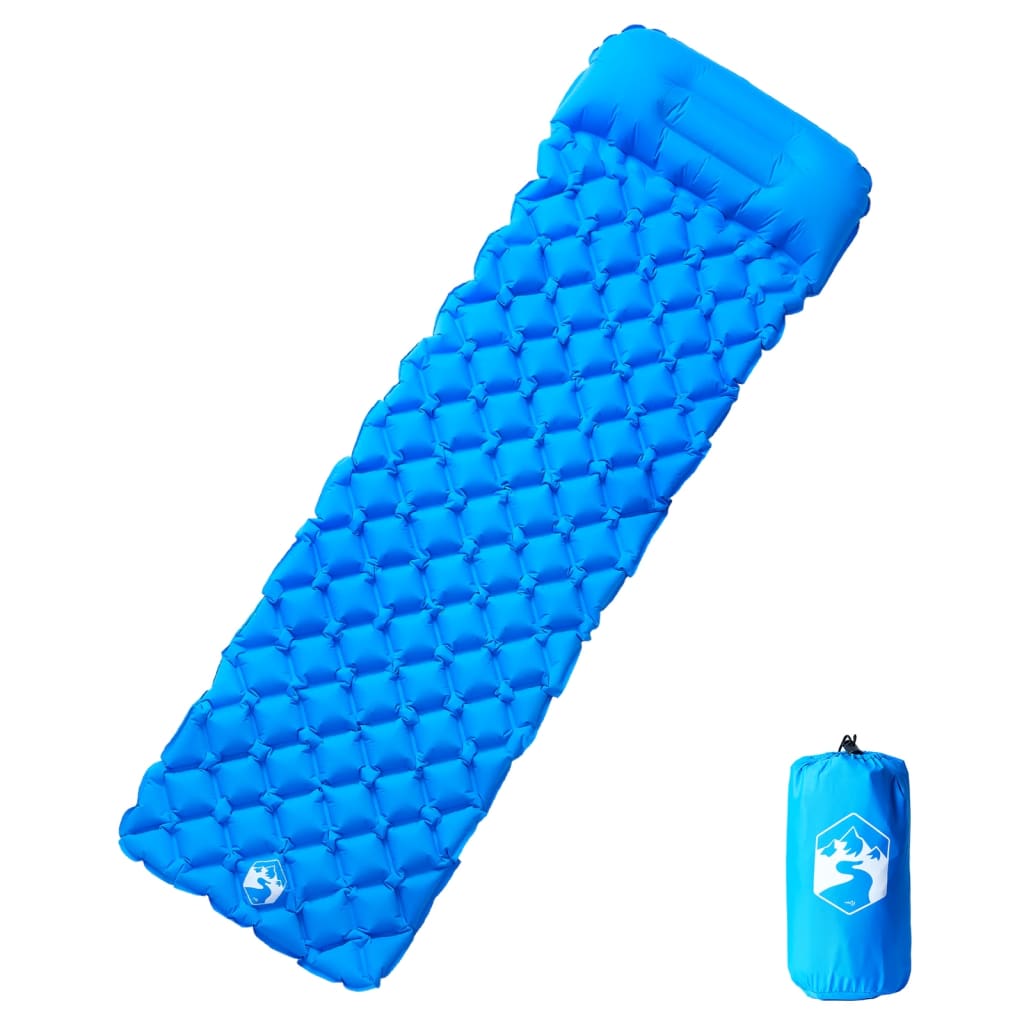 Blauw vidaXL opblaasbaar kampeermatras van 6 cm dik met kussen, vooraanzicht.