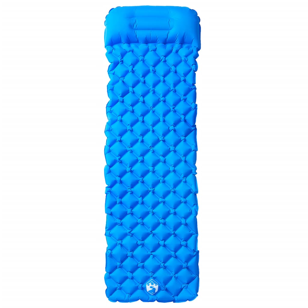 Blauw vidaXL opblaasbaar kampeermatras met kussen, zijaanzicht met gestikte patronen.