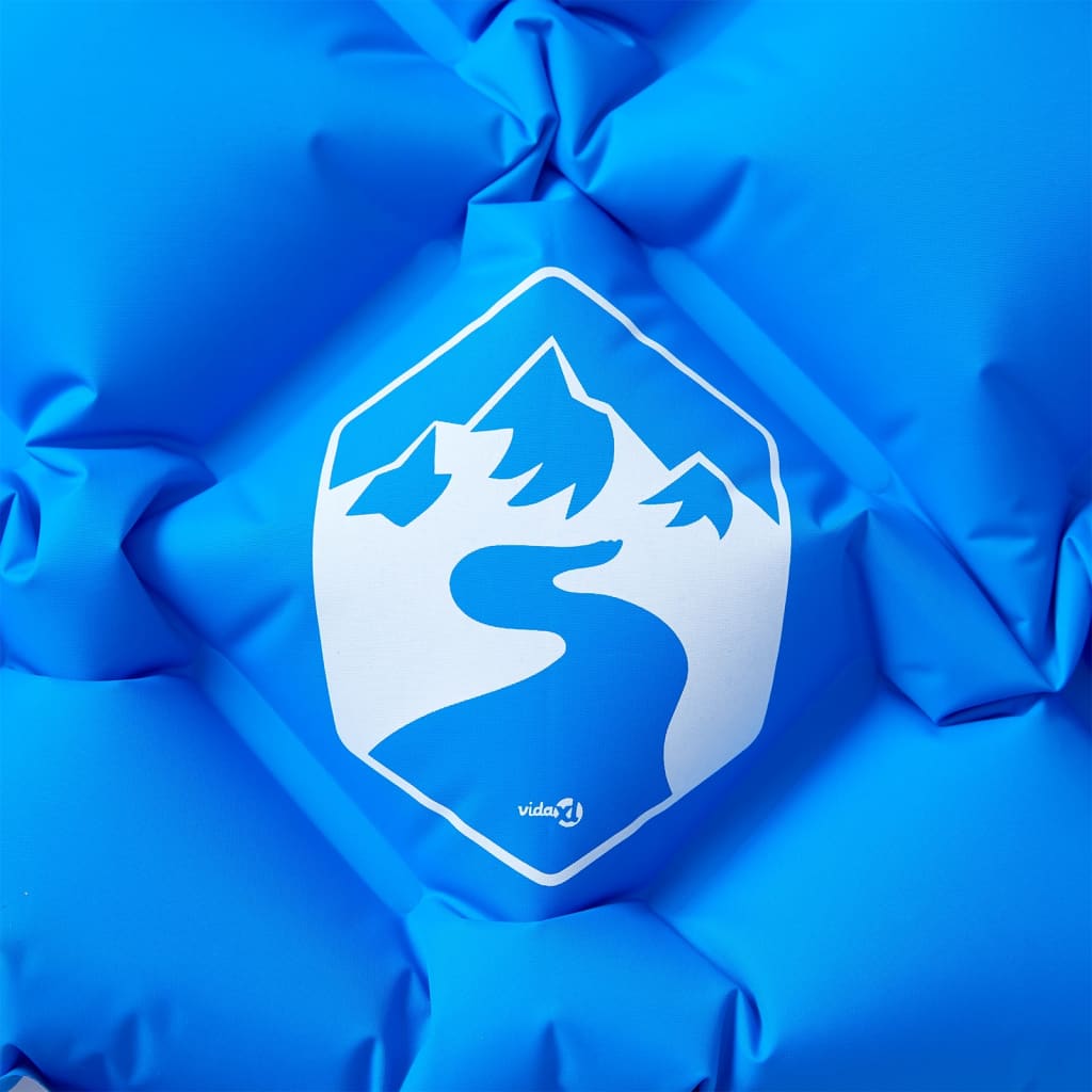 Detail van het blauwe vidaXL kampeermatras met logo en textuur.