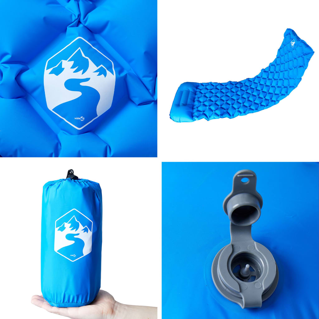 Detail van het vidaXL opblaasbare kampeermatras in blauw met opbergzak en ventiel.
