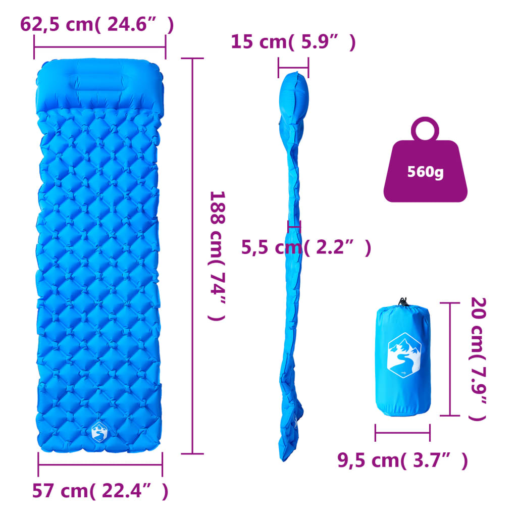 Detail van het vidaXL opblaasbare kampeermatras in blauw met afmetingen en gewicht.