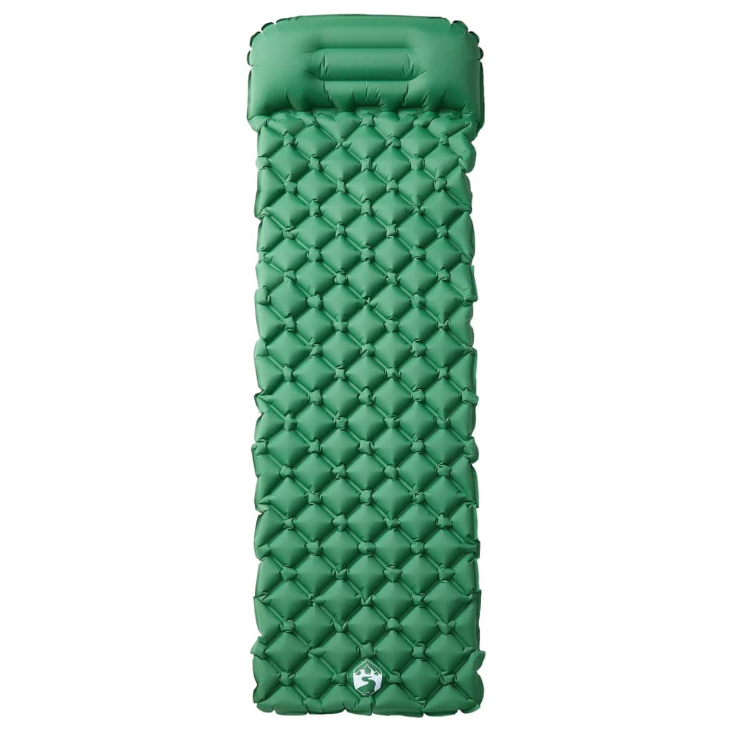 Detail van het groene vidaXL opblaasbare kampeermatras met geïntegreerd kussen en ruitpatroon.